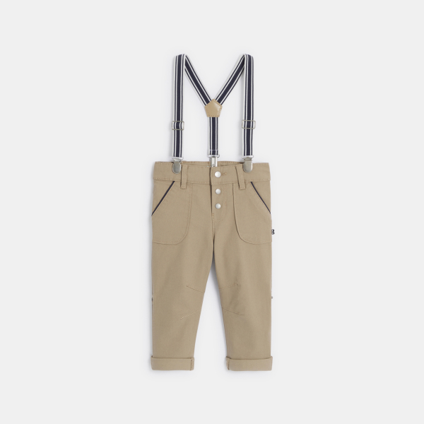 بنطلون (سروال) باللون البيج لين، بحمالات، ومصنوع من القطن الفاخر، مرن وقابل للتعديل، ويناسب الأطفال الصغار